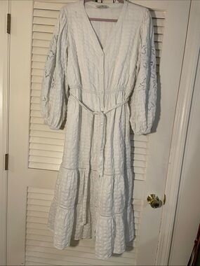 White Maxi Dress with Lace Sleeves and Waist Tie